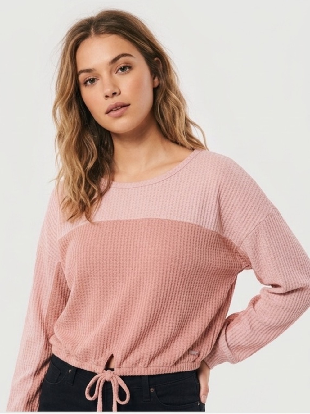 Hollister Waffle Knit Cropped Drawstring Top